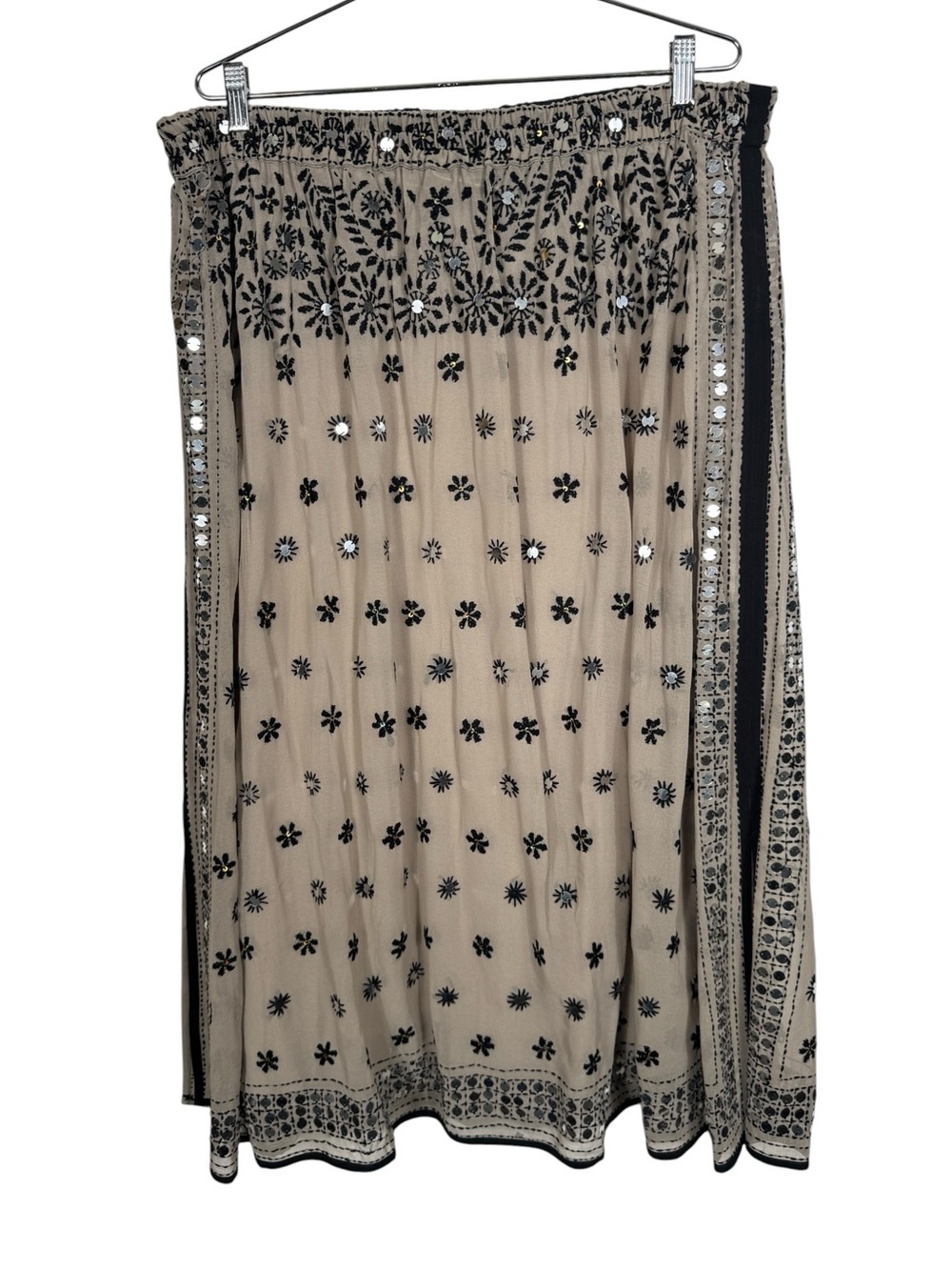 Soft Surroundings Embroidered Sequin Boho Midi Skirt, Beige/Black, Size PXL